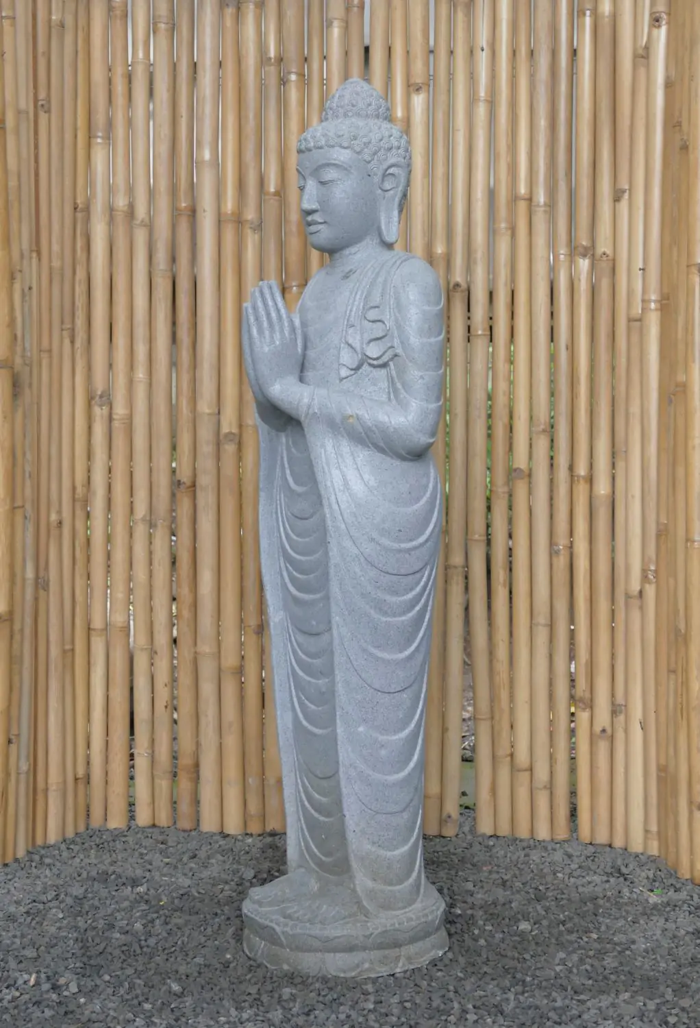  Product image 2 of the product “Standing Buddha made of Riverstone, position Namaskara , H. 151cm. ”
